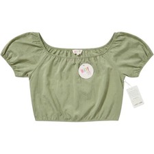 WAYF '98 Off Shoulder Puff Sleeve Crop Top Women's Large Dusty Olive Green NWT
