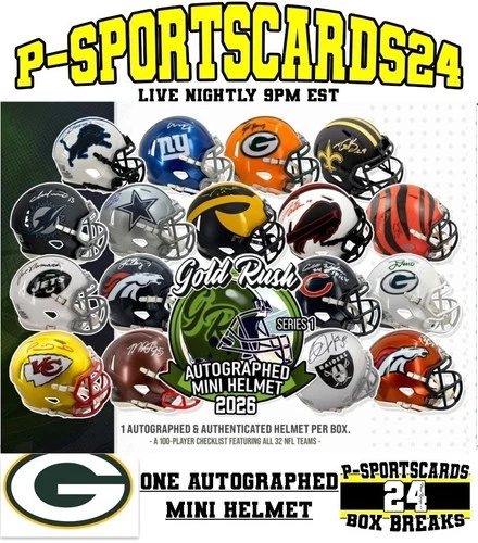 GREEN BAY PACKERS 2026 GOLD RUSH SIGNED NFL FOOTBALL MINI HELMET LIVE FRIDAY
