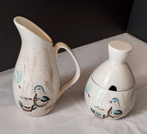 Red Wing Pottery "Bob White" Quail Design MCM Sugar Pot and 7" Pitcher/Creamer