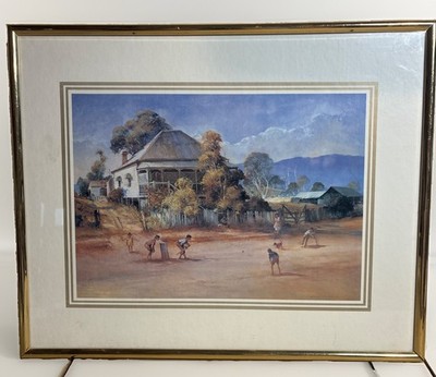 VTG D'Arcy Doyle The Cricket Match Framed Art Print Nostalgic Australian Outback