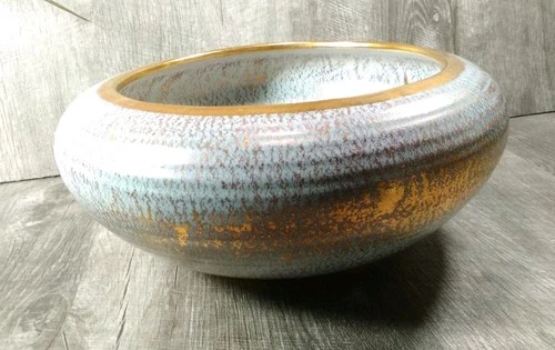 STANGL Planter Vase # 3983 Tuquoise Blue & Gold  8.5" Great Vintage Piece