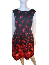 Adrianna Papell Black Floral Sleeveless Fit & Flare Dress Red Accents Sz 10P EUC