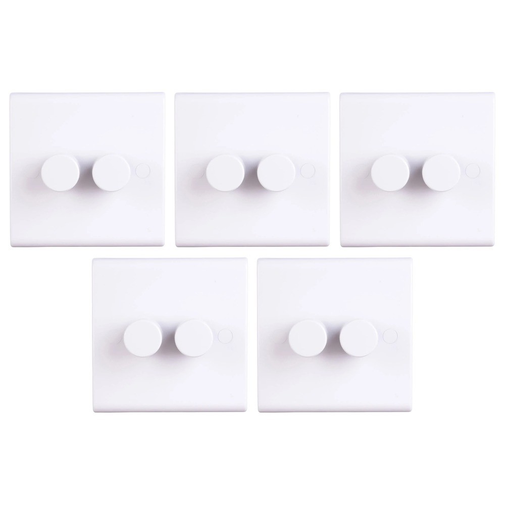 5 x Deta S1415 Universal LED 2 Gang Multi-Way Dimmer Switch 3-250 Watt (White)