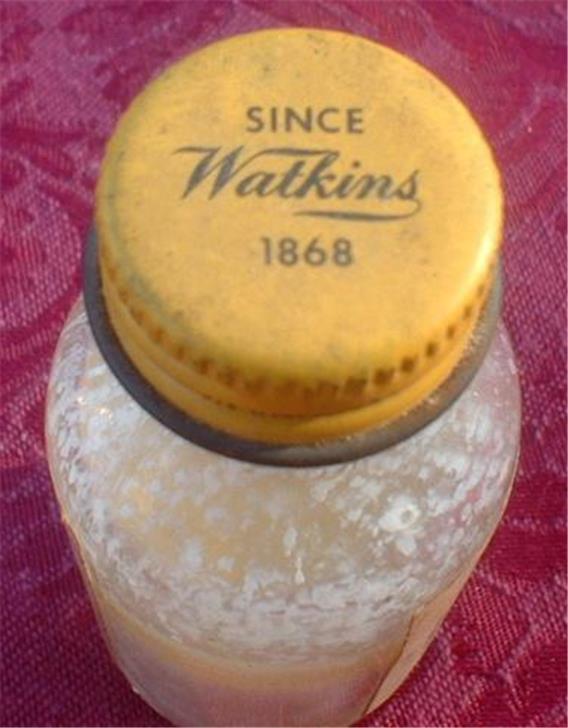 VINTAGE WATKINS FURNITURE CREME POLISH GLASS BOTTLE w METAL LID PAPER LABEL VGC
