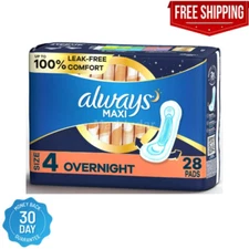 Always Maxi Pads Size 4 Overnight Absorbency Unscented without Wings, 28 Count