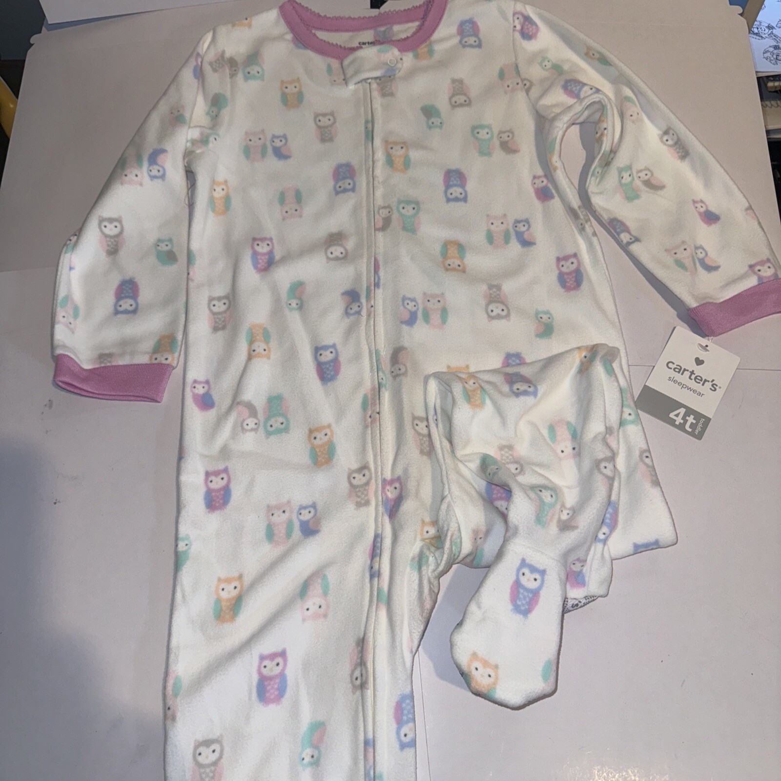 Carters 1 Pc Fleece White with Owls Footed Pajamas Kids Size 4T Blanket