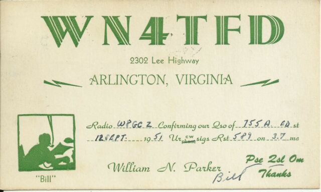 Vintage WN4TFD Arlington Virginia USA 1951 Amateur Radio QSL Card