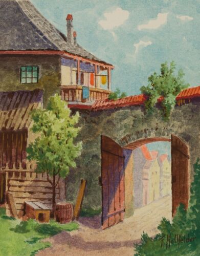 F. HOLLFELDER (20ème), village alpin avec porte, vers 1940, Aq. Historicisme Architecture - Photo 1 sur 4