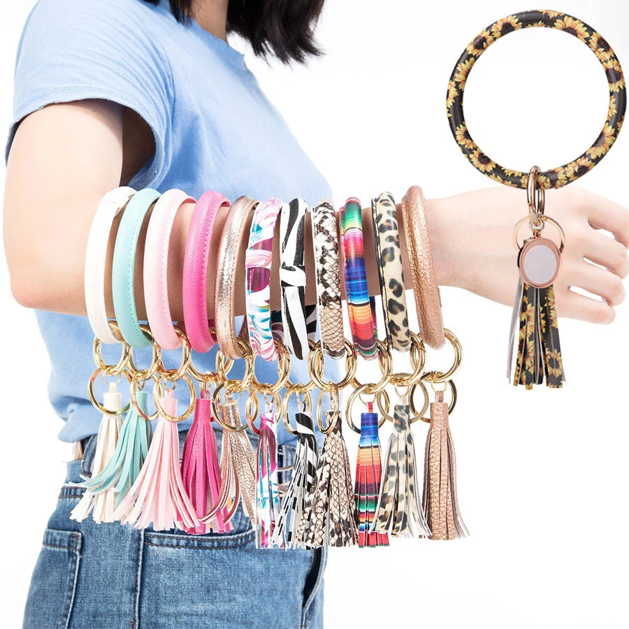 Leather Wristband Round Keychaing Chain Bracelet Bracelet-Keychain