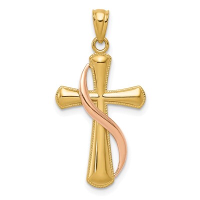 14k Two-tone Gold Polished Cross Drape Pendant for Women