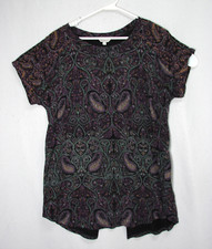 New Lucky Brand Paisley Split Back Tee Top Shirt Black Purple Boho Modal Size 1X