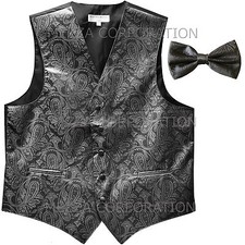 New Men's paisley formal Tuxedo Vest Waistcoat  Bowtie Charcoal gray wedding