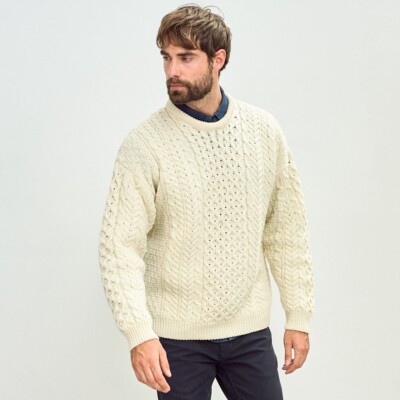 Aran Fisherman Irish Men Merino Wool Sweater Cable Knit Pullover