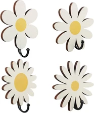 Thyle 4 Pcs Daisy Wall Hooks Kids Wooden Wall Adhesive Hooks Cute Baby Nursery H