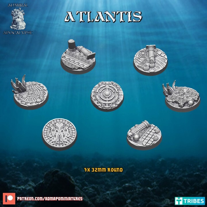 Atlantis Bases x10 - 28/32/40mm+ Resin Bases - Ocean Elf Themed Bases ...