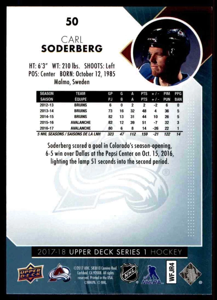 2017-18 Upper Deck Carl Soderberg #50 - Image 2 of 2