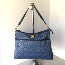 TOMMY HILFIGER Signature TH Print Hobo Shoulder Bag In Blue NWOT