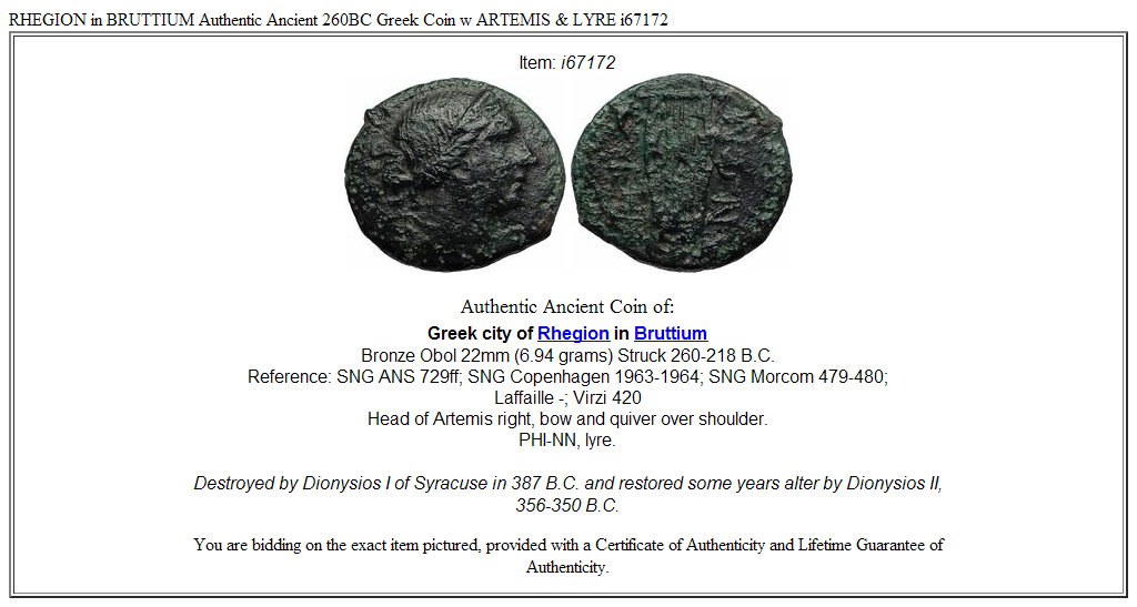 RHEGION in BRUTTIUM Authentic Ancient 260BC Greek Coin w ARTEMIS & LYRE ...