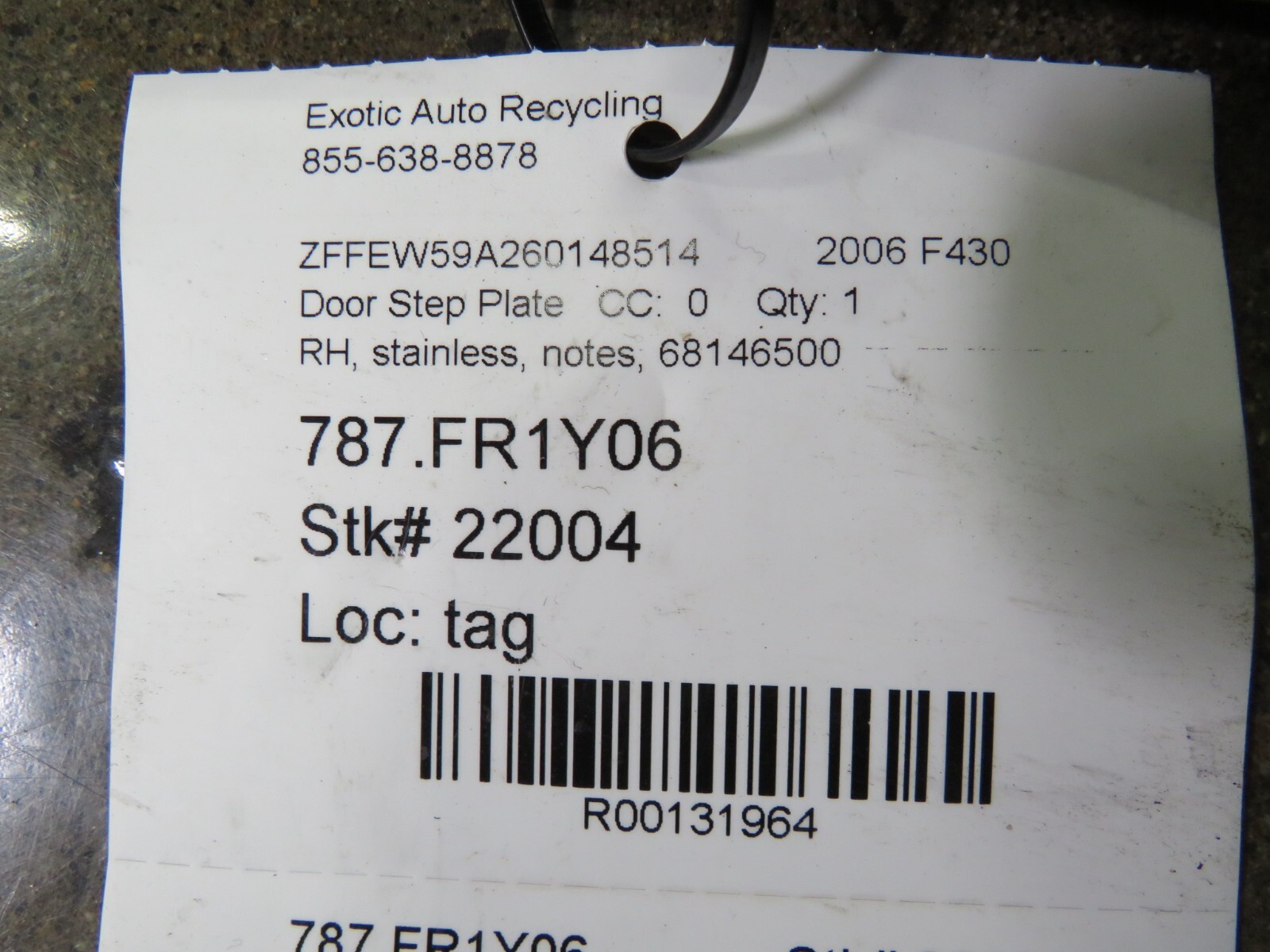 Ferrari F430, Spider, Coupe, RH, Stainless Door Step Plate, Used, P/N 68146500