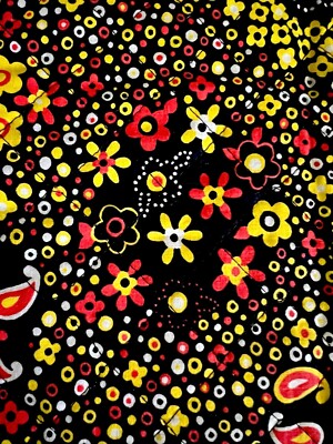 Vintage John Wolf 1970s Groovy Flower Hippie Quilted Fabric 44x78 Black Red