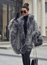 Oversized Tweed Woollen Poncho Cape Coat With Fox Fur