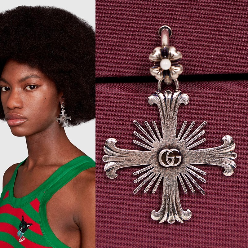 NEW $595 GUCCI Sterling Silver Maltese CROSS Flower Pearl CLIP ON