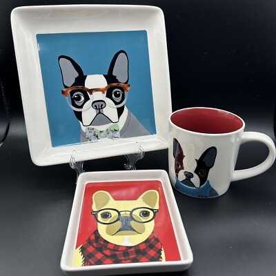 Magenta Hipster Frenchies Collection - 2 Plates & Mug - French Bulldog Frenchie