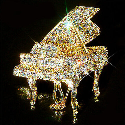 Grand Piano Avec Cristal Swarovski Musique Musical Bijoux or Pl Broche - Photo 1 sur 1