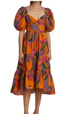 NWT FARM Rio Macaw Midi in Orange Puff Sleeve Cotton Poplin Size XS Dress