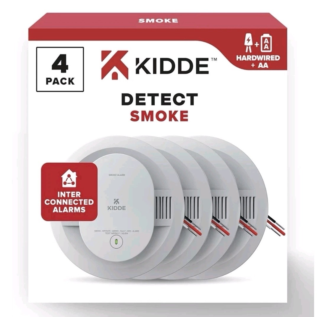 Kidde Hardwired Smoke Detector, AA Battery Backup Interconnectable, 4 Pack 20SAR