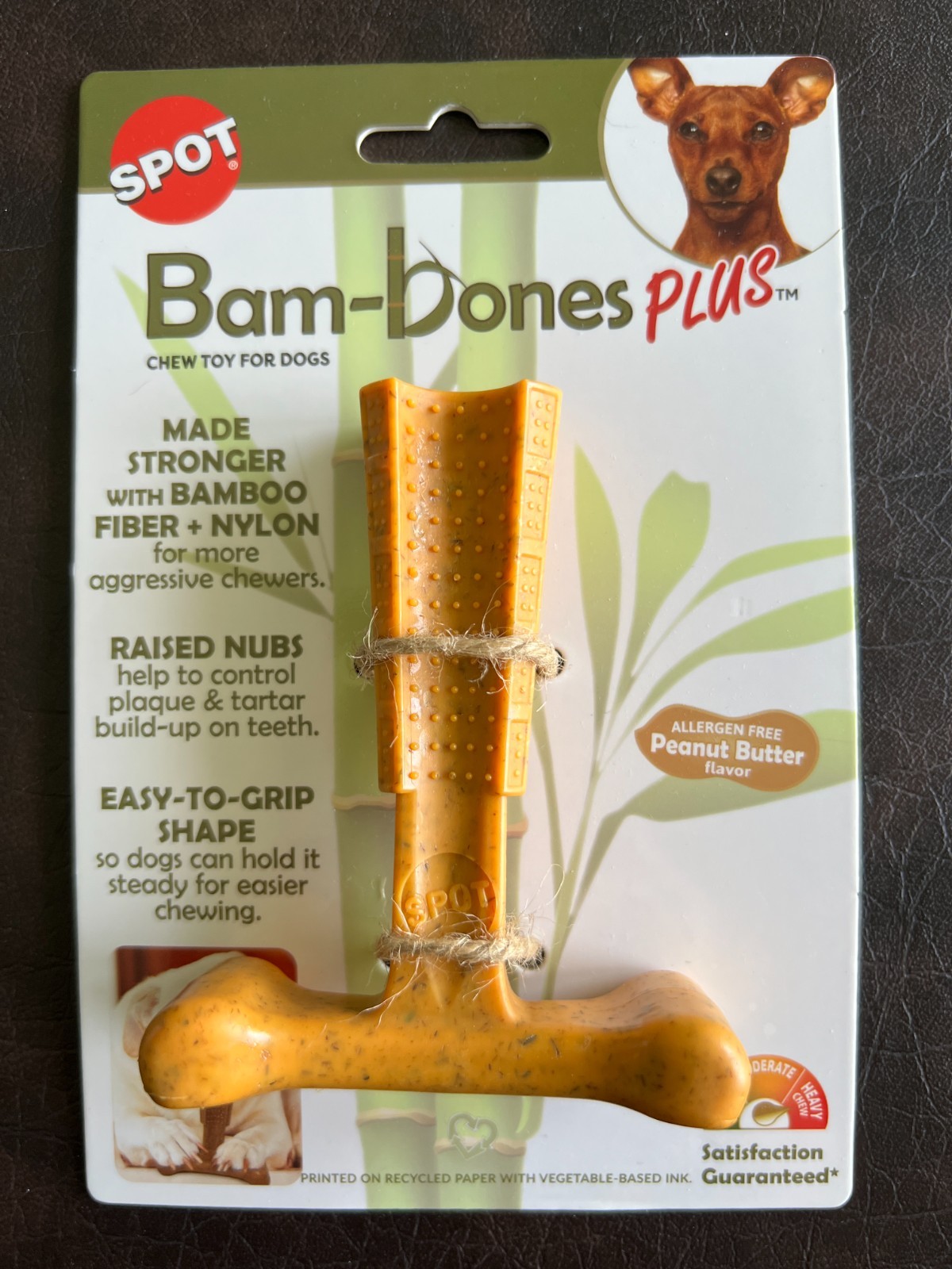SPOT Bam Bones PLUS Dog Chew Toy Dental Easy To Grip PEANUT BUTTER Fiber & Nylon