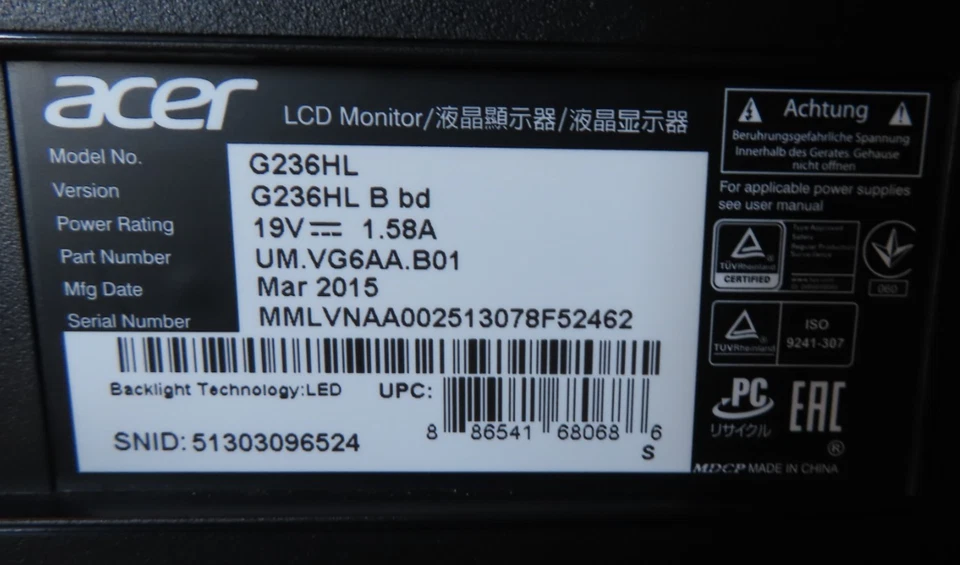 Acer G236HL B bd 23" Monitor 1080p Full HD, 60Hz, 5ms  VGA/DVI  Slim LED – T - Image 3 of 4