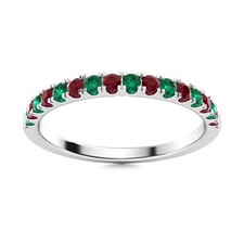 925 Sterling Silver 2MM Round Natural Ruby Emerald Half Eternity Women Ring