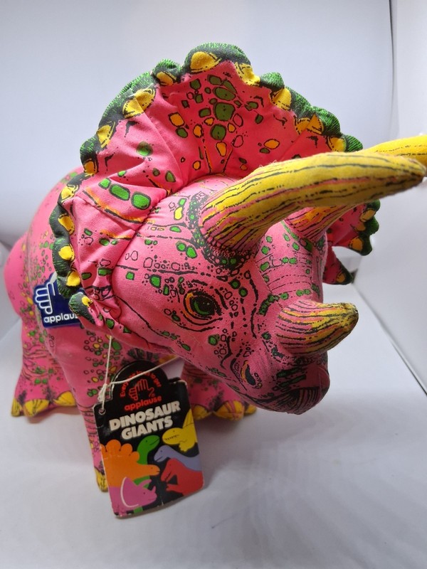 Vtg. Triceratops Pink Dinosaur 16" stuffed animal, Applause and Determined 1992