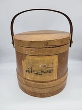Antique Firkin Sugar Bucket with Lid and Paper Label 12" Tall