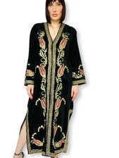Vintage 90s 1970s Style Black Velvet Gold Embroidered Caftan Maxi Dress Coat
