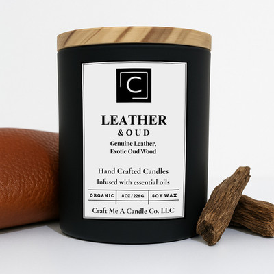 Leather & Oud Scented Candle   Genuine Leather, Exotic Oud Wood