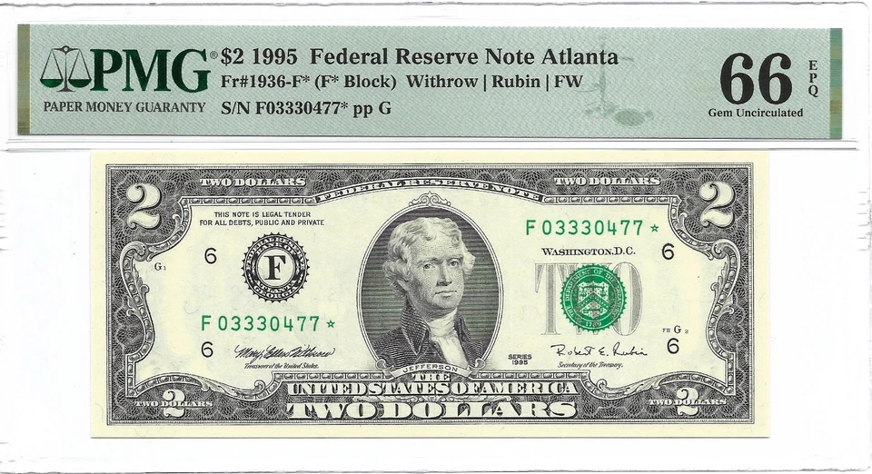 1995 $2 ATLANTA * STAR * ⭐️ FRNs. 3 PMG GEM Uncirculated 66 EPQ Banknotes - Image 4 of 4