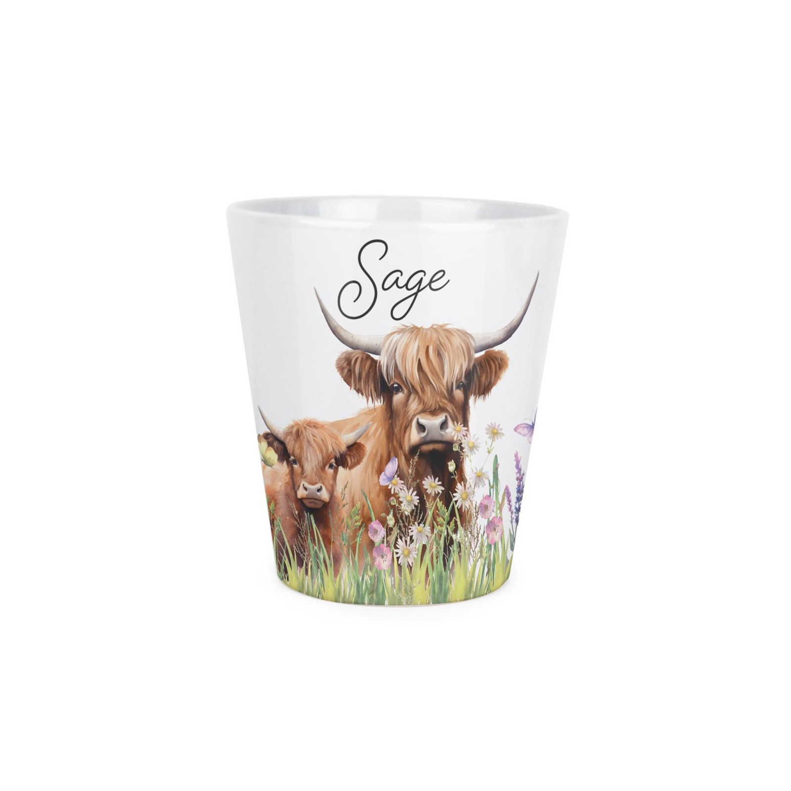 Sage Plant Pot - Highland Cow & Calf Ceramic Indoor Herb Pot with Drainage Hole