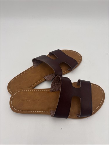 Amazon Essentials Womens Sandals Brown Leather SIZE 6 Summer Open Toe Slip On - Picture 2 of 6