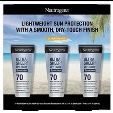 Neutrogena Ultra Sheer Dry-Touch SPF 70 Sunscreen Lotion 3.0 oz Exp 10/27, 3pc