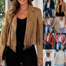 Women's Faux Suede Tops Jackets Fringe Long Sleeve Tassel Lapel Casual Coats UK