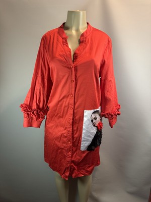 Ay-Sel Women s Red High Low Shirt Dress Retro Sequins Ruffles Sleeves Size 46