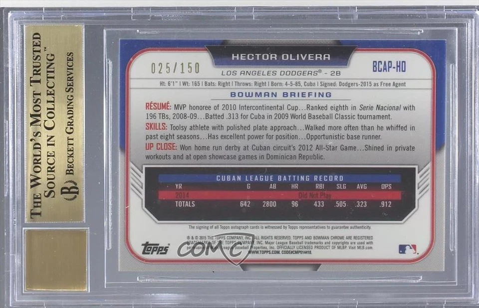 2015 Bowman Chrome Blue Refractor Hector Olivera BGS 9.5 GEM MINT Rookie Auto RC - Image 2 of 2