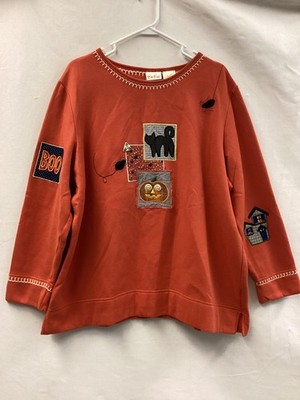 Bobbie Brooks Shirt Womens 18W/20W Orange Halloween Embroidered Fleece Tunic Top