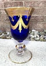 Interglass Crystal Cobalt Blue Wine/Goblet 24 Kt Gold Trim 6.5" tall Italy
