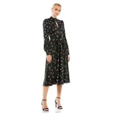 MAC DUGGAL 55633 BLACK FLORAL LONG SLEEVE FIT & FLARE MIDI DRESS sz 16 NEW