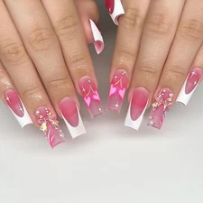  Press on Nails Coffin Long French Tips Glossy Pink French-Bow Gems and Heart