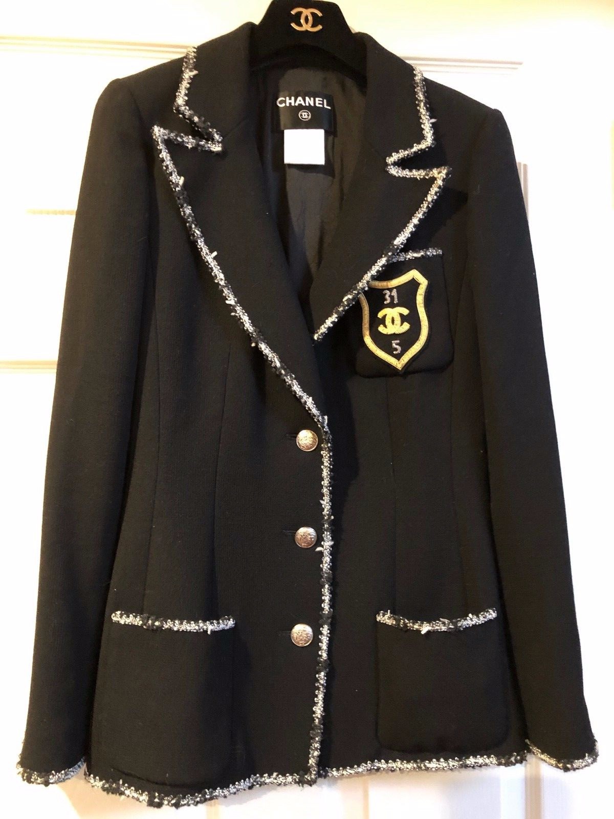 CHANEL 05C VINTAGE THE DEVIL WEARS PRADA BLACK JACKET SILVER TRIM CC PATCH 36-38 image 2
