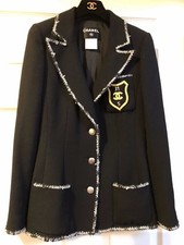 Chanel 05c Vintage New Black Tweed Jacket Silver Trim Cc Gold Patch Fr36-fr38